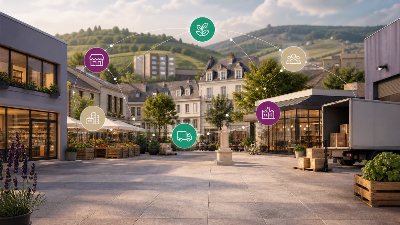 Illustration d’un réseau économique local organisé entre entreprises, commerces et logistique.